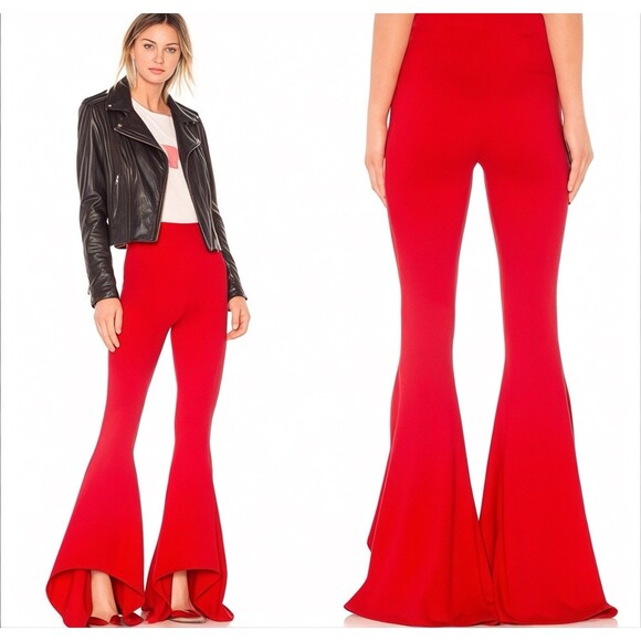 NBD Flare Pants Womens S Red Rose Shirley Temple High Rise Asymmetrical flared - Picture 1 of 15